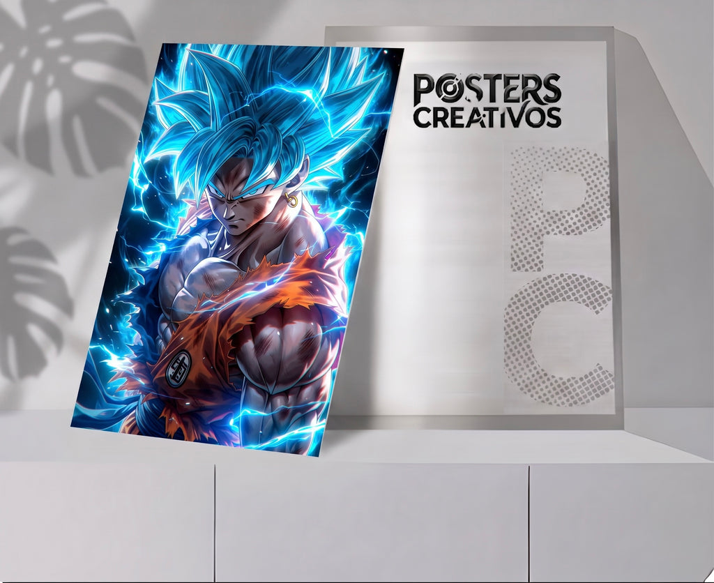 Poster Creativo Metalico de Goku Super Saiyayin Blue fondo Negro
