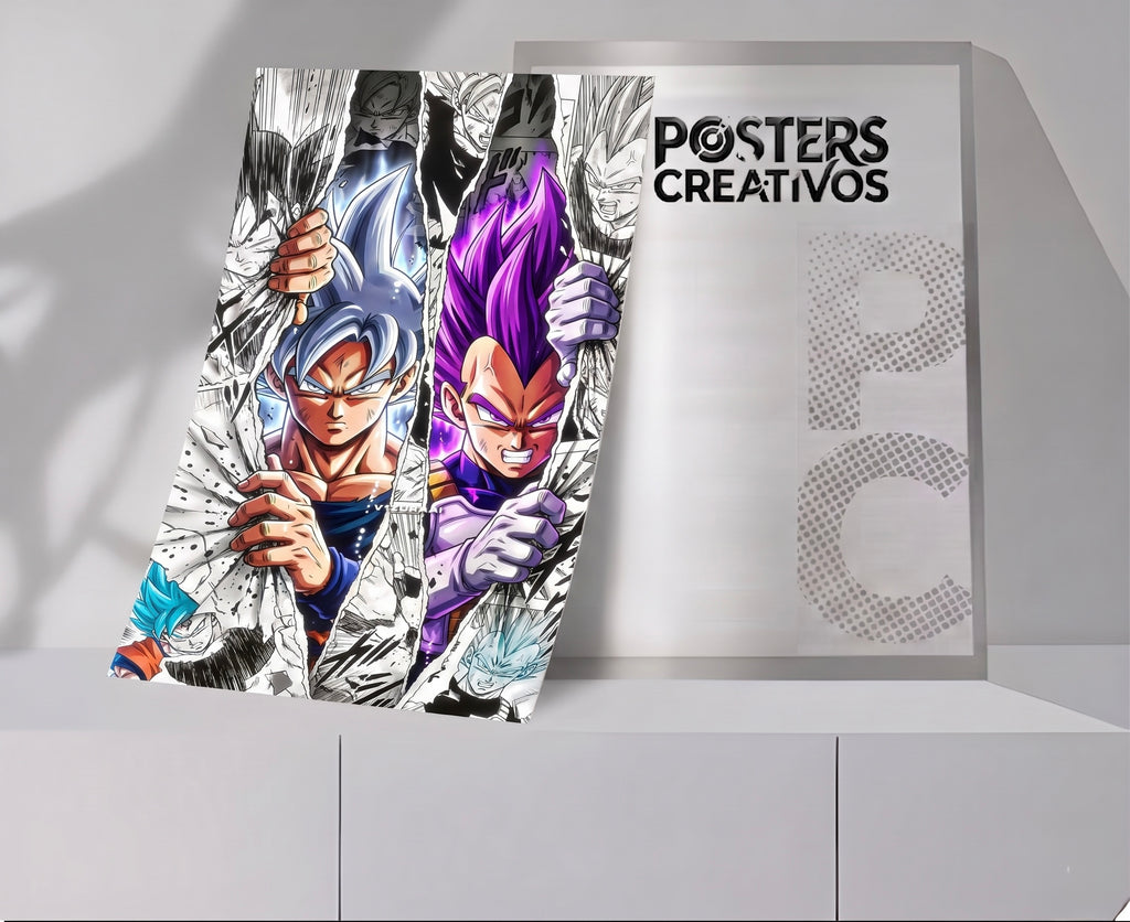 Poster Creativo Metalico de Goku Super Saiyayin Blue y Vegeta Super Saiyayin Blue Historieta