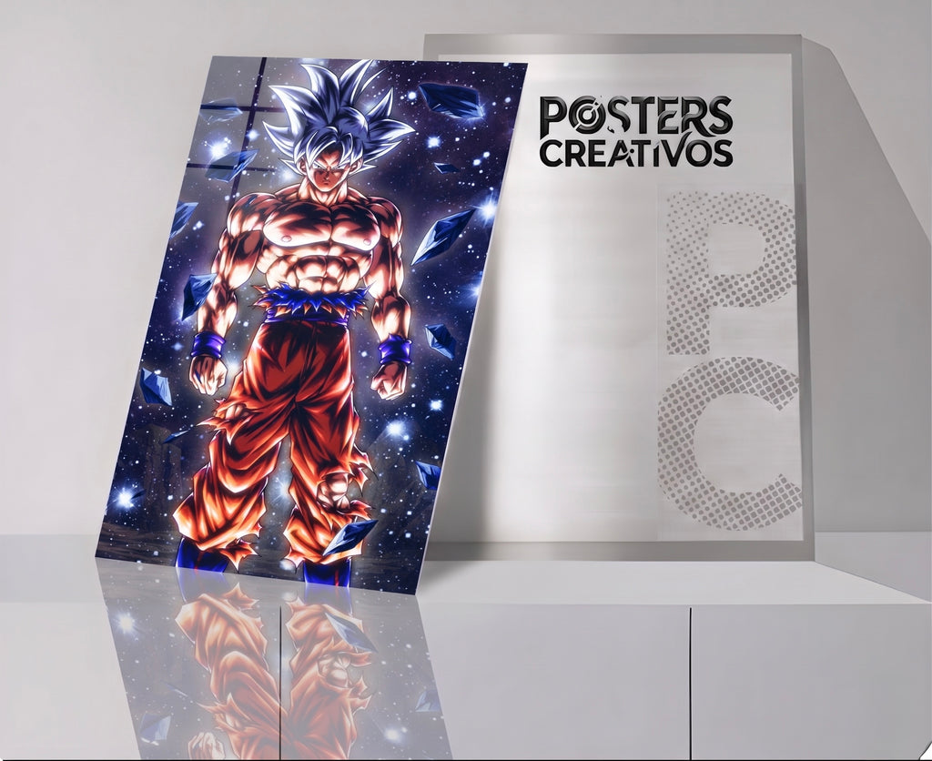 Poster Creativo Metalico de Goku Ultra Instinto en Planeta Cuerpo Completo