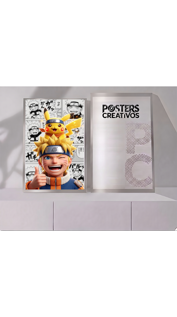 Poster Creativo Metalico de Naruto y Pikachu en Historieta