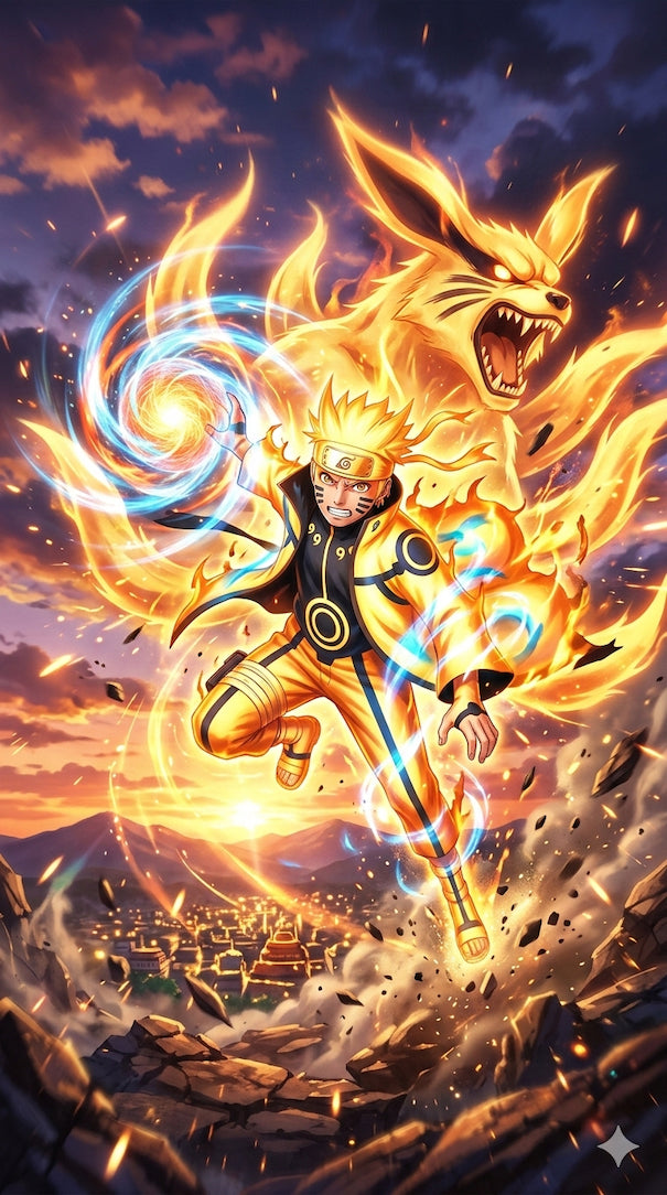 Naruto con Kurama Modo Barion con Rasengan de Naruto